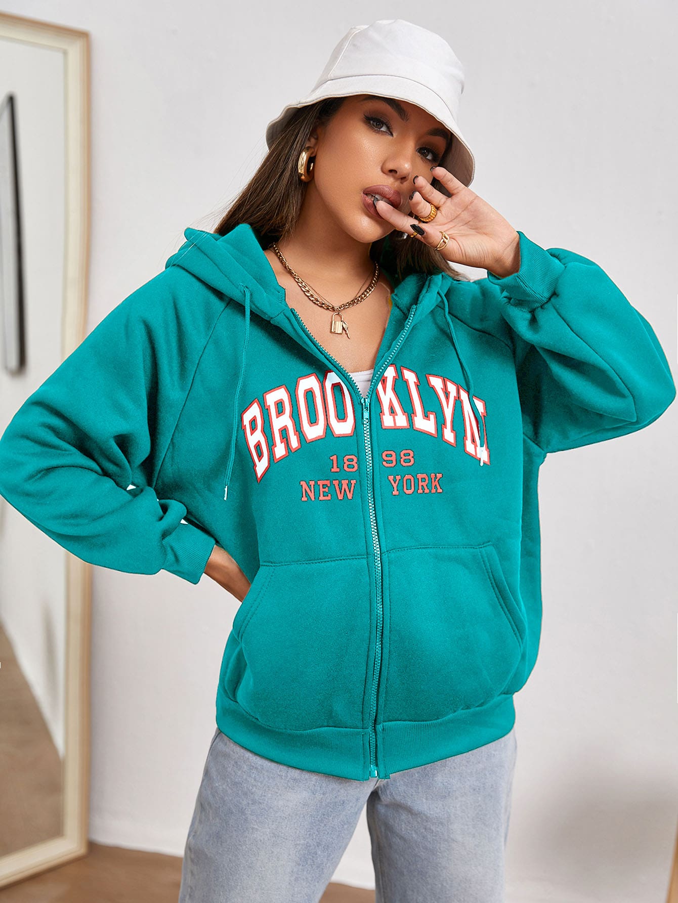 Letter Graphic Zip Up Hoodie - Green - View 1