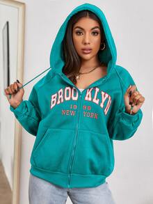 Letter Graphic Zip Up Hoodie - Green - View 5