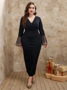 Đầm Plus Size Tương phản Mesh màu trơn Hấp dẫn - màu đen - Xem 3