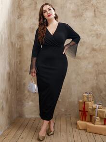 Đầm Plus Size Tương phản Mesh màu trơn Hấp dẫn - màu đen - Xem 4