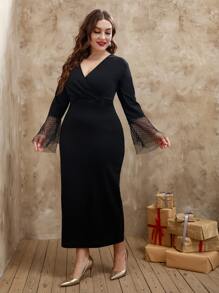 Đầm Plus Size Tương phản Mesh màu trơn Hấp dẫn - màu đen - Xem 6