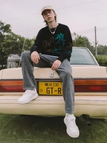 Men Cartoon And Letter Pattern Drop Shoulder Jumper - Black - View 3