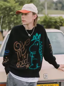 Men Cartoon And Letter Pattern Drop Shoulder Jumper - Black - View 1