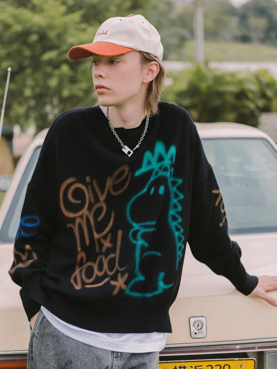 Men Cartoon And Letter Pattern Drop Shoulder Jumper - Black - View 1