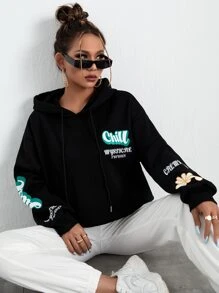 SHEIN Unity Capucha con estampado de letra de hombros caídos con cordón - Negro - Ver 1