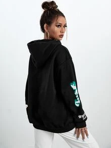 SHEIN Unity Capucha con estampado de letra de hombros caídos con cordón - Negro - Ver 2