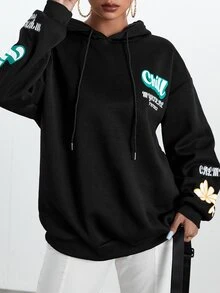 SHEIN Unity Capucha con estampado de letra de hombros caídos con cordón - Negro - Ver 3