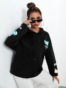 SHEIN Unity Capucha con estampado de letra de hombros caídos con cordón - Negro - Ver 4