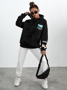 SHEIN Unity Capucha con estampado de letra de hombros caídos con cordón - Negro - Ver 5