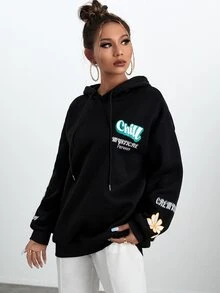 SHEIN Unity Capucha con estampado de letra de hombros caídos con cordón - Negro - Ver 6