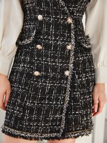 Chiquease Tweed Double Breasted V Neck Dress Without Blouse - Black and White - View 6
