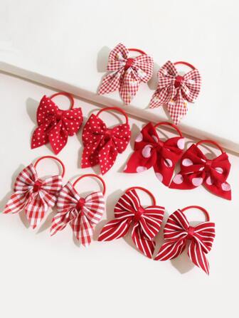 5對紅色方格蝴蝶結頭髮圈,適合女孩,非常適合節日或新年