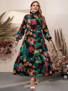 Mulvari Plus Tropical Print Bishop Sleeve Shirred Waist Mock Neck Dress - Multicolor - View 4