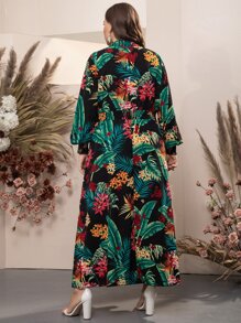 Mulvari Plus Tropical Print Bishop Sleeve Shirred Waist Mock Neck Dress - Multicolor - View 2