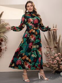 Mulvari Plus Tropical Print Bishop Sleeve Shirred Waist Mock Neck Dress - Multicolor - View 3