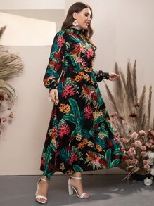 Mulvari Plus Tropical Print Bishop Sleeve Shirred Waist Mock Neck Dress - Multicolor - View 1
