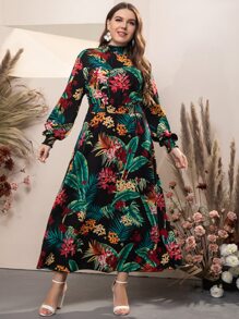 Mulvari Plus Tropical Print Bishop Sleeve Shirred Waist Mock Neck Dress - Multicolor - View 5