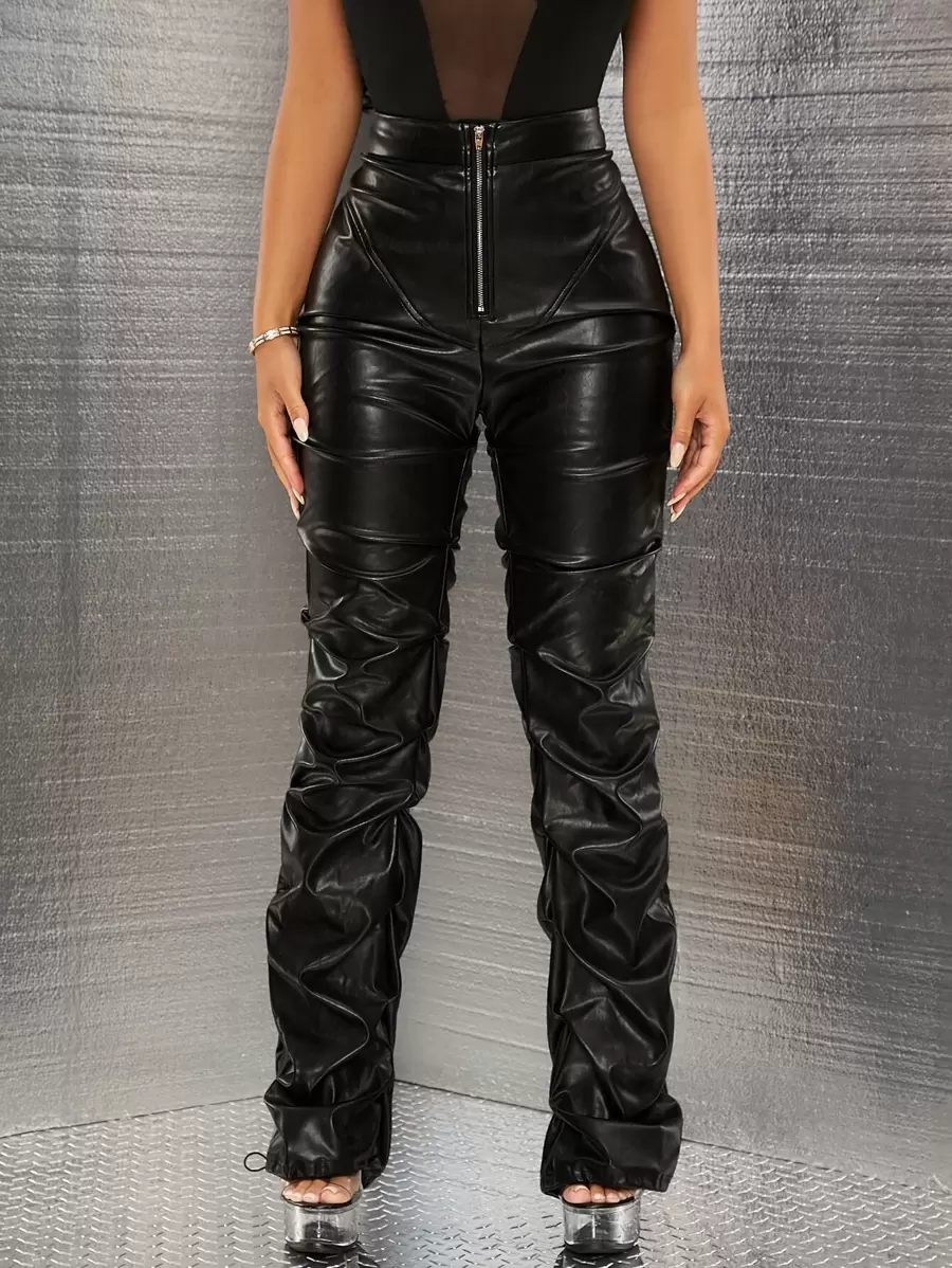 SHEIN ICON Zip Up Ruched Patent  Y2k Pants - Black - View 1