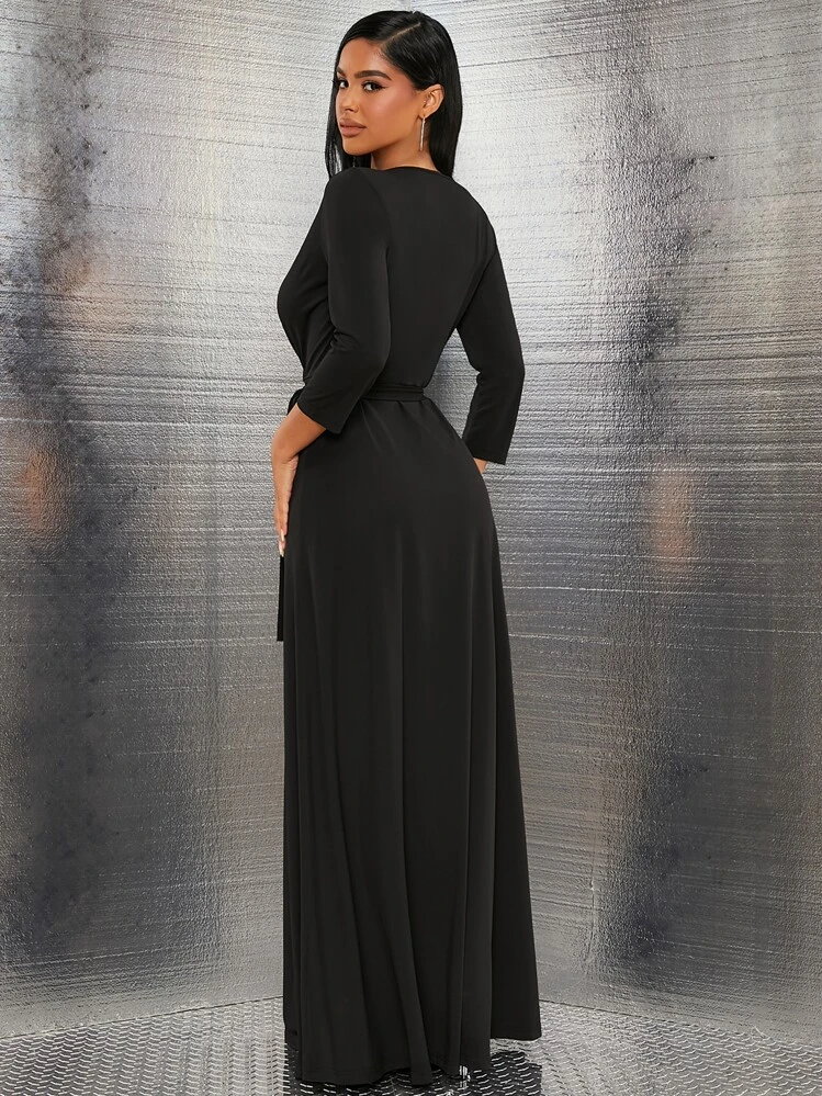 shein plunging neck split thigh dress SHEIN Plunging Neck Lace Lantern Sleeve Tie Back Split Thigh Dress