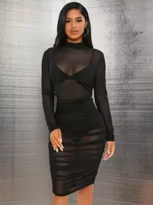 SHEIN SXY Vestido unicolor fruncido de cuello alto de malla transparente - Negro - Ver 1