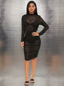 SHEIN SXY Vestido unicolor fruncido de cuello alto de malla transparente - Negro - Ver 3