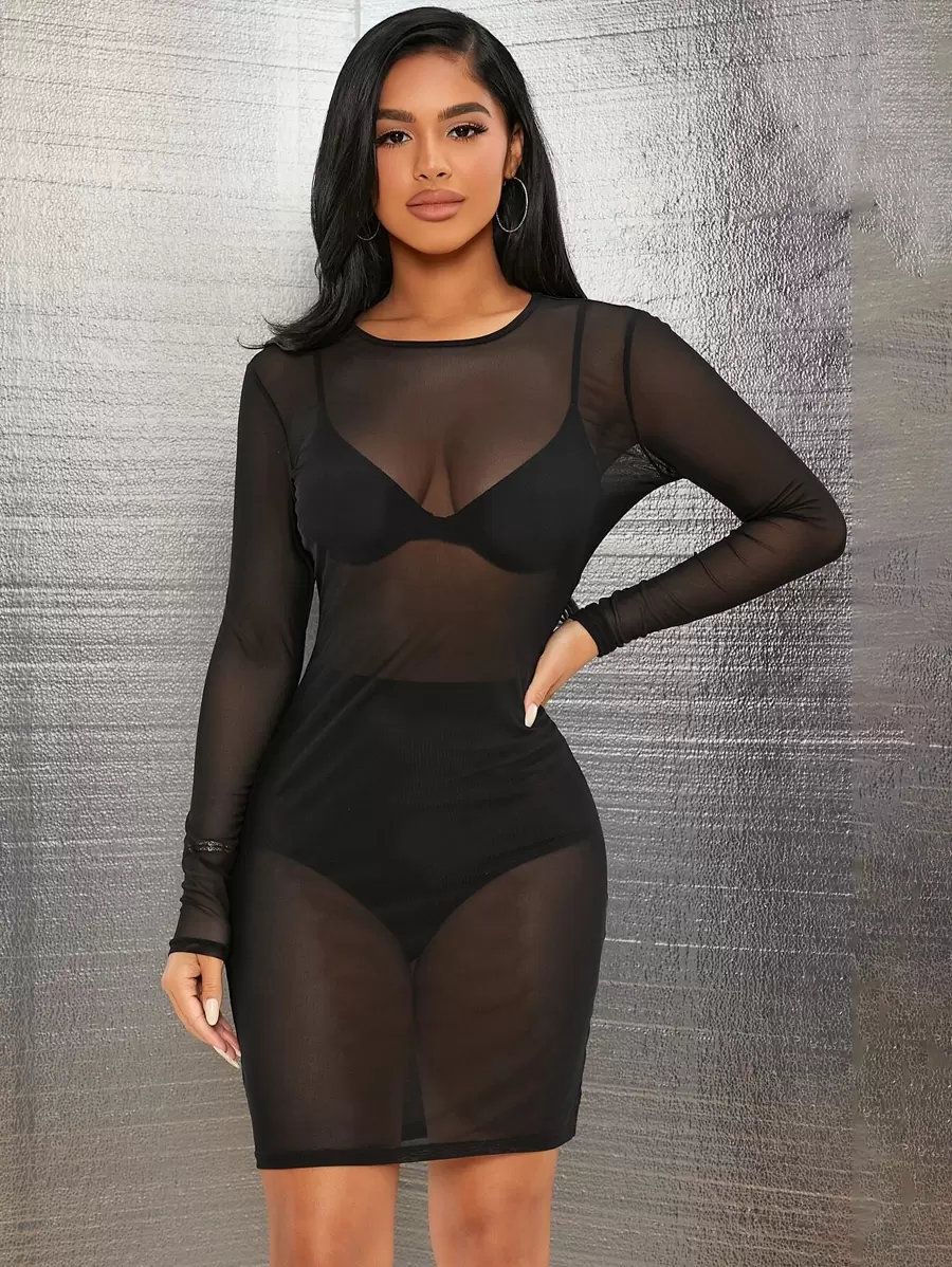 SHEIN SXY Mesh Sheer Bodycon Dress Without Lingerie Set - Black - View 1