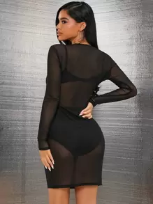 SHEIN SXY Mesh Sheer Bodycon Dress Without Lingerie Set - Black - View 2