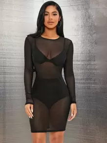 SHEIN SXY Mesh Sheer Bodycon Dress Without Lingerie Set - Black - View 3