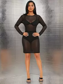 SHEIN SXY Mesh Sheer Bodycon Dress Without Lingerie Set - Black - View 5