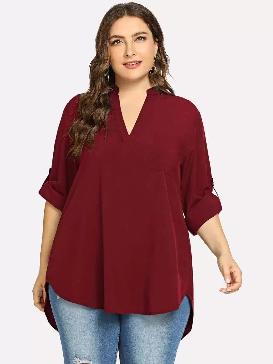SHEIN LUNE Plus Dip Hem Solid Blouse Fall Cloth For Women - Burgundy - View 1