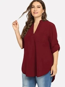 SHEIN LUNE Plus Dip Hem Solid Blouse Fall Cloth For Women - Burgundy - View 3