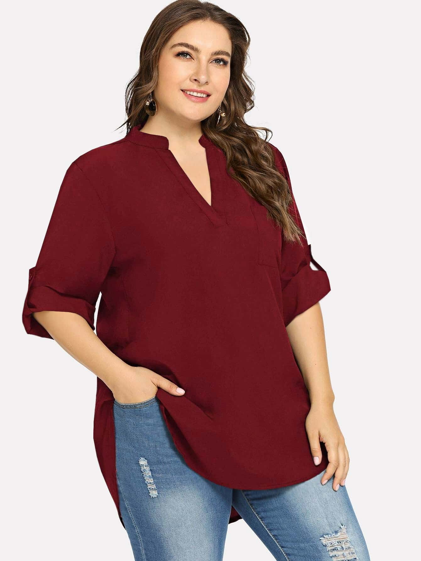 Plus Dip Hem Solid Blouse Fall Cloth For Women