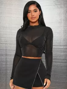 SHEIN SXY 春夏生菜边透明亮片约会之夜黑色紧身长袖上衣 - 黑色 - 查看 1