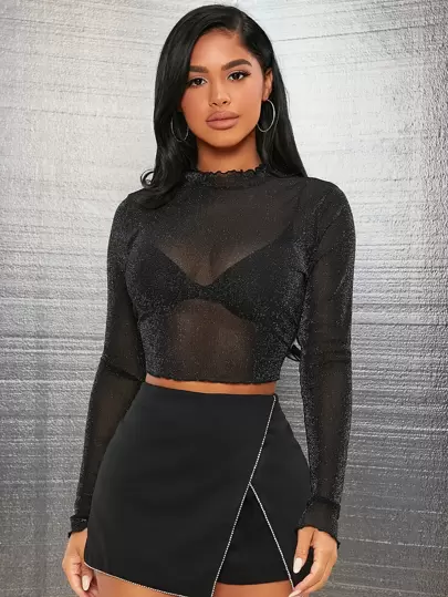 SHEIN SXY Parte superior de manga larga ajustada de noche de cita con transparencia y lentejuelas, con ribete de lechuga, en color negro