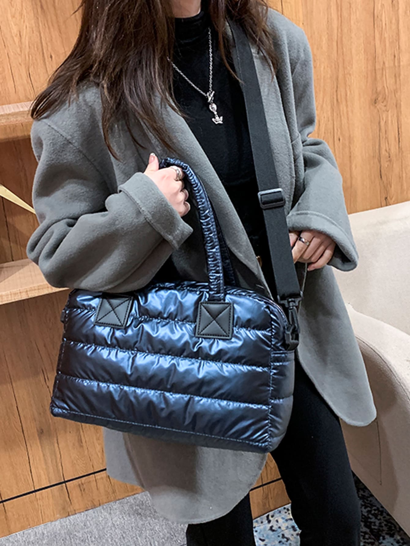 Metallic Quilted Tote Bag - Blue - View 1