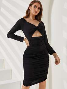 前扭結褶邊鏤空緊身洋裝 - 黑色 - 查看 3