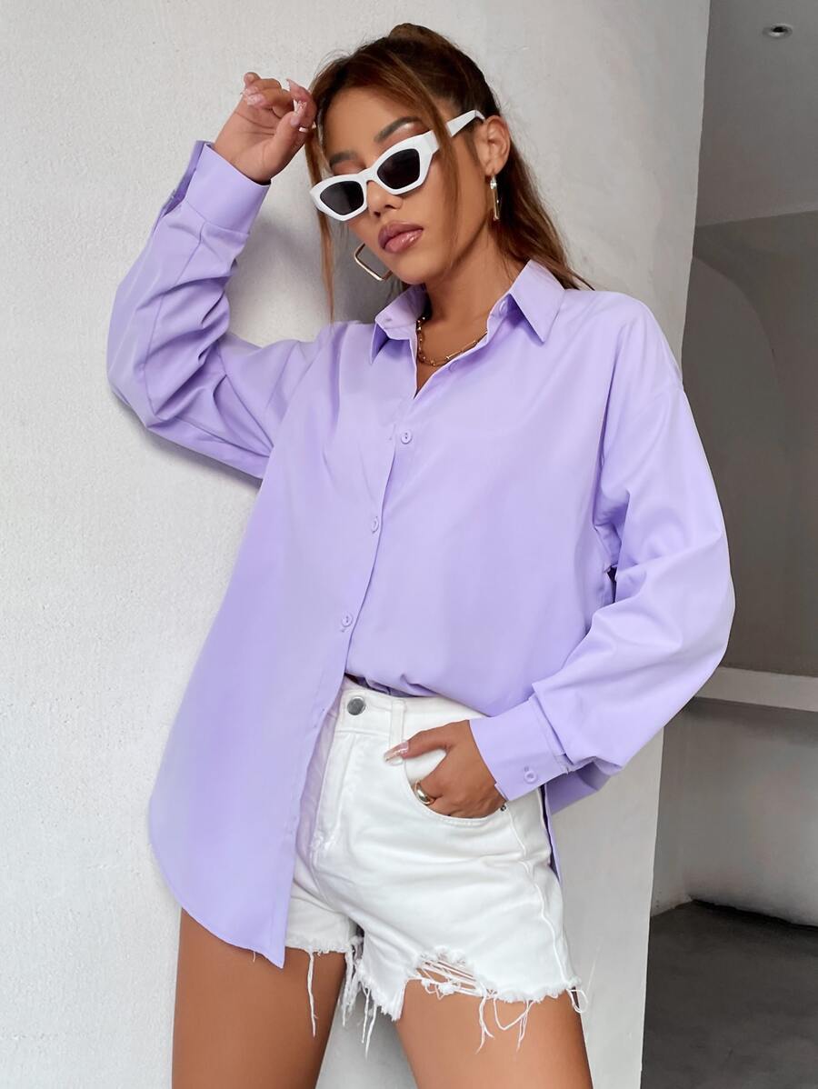 SHEIN Unity Solid Drop Shoulder Button Up Oversized Shirt - Lilac Purple - View 1