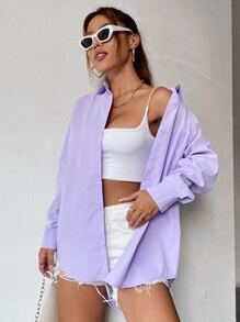 SHEIN Unity Solid Drop Shoulder Button Up Oversized Shirt - Lilac Purple - View 3