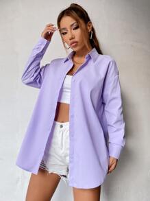 SHEIN Unity Solid Drop Shoulder Button Up Oversized Shirt - Lilac Purple - View 4