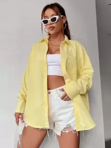 Flirla 口袋贴片落肩大码衬衫、长袖上衣 - 黃色 - 查看 2