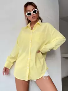 Flirla 口袋贴片落肩大码衬衫、长袖上衣 - 黃色 - 查看 6
