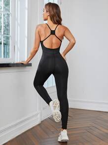 Yoga Basic Absorbs Sweat Breathable Backless Sports Jumpsuit - Black - View 2