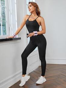 Yoga Basic Absorbs Sweat Breathable Backless Sports Jumpsuit - Black - View 4