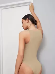 SHEIN BAE Solid Tank Bodysuit - Khaki - View 2