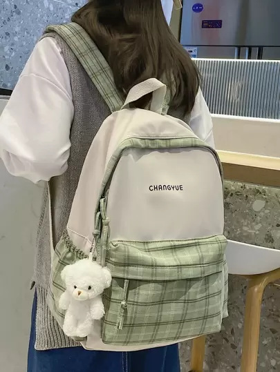 Waterproof,Lightweight Plaid Graphic Doll Decor Backpack School Bag For Graduate, Teen Girls, Freshman, Sophomore, Junior & Senior In College, University & High School, Perfect For Outdoors ,Travel & Back To School School Backpack,School Bag,Backpack For School,Back To School,Large Capacity, Suitable For Teen Girls Women College Students College,Middle School, High School, Perfect For Back To School,Outdoors, Travel, Outings, Street & Japanese Style Women Bag