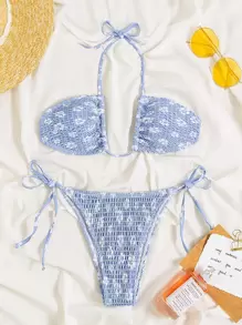 Swim Vcay Bathing Suits Women Summer Beach Ditsy Floral Print Bikini Set Smocked Halter Bra & Thong Bottom 2 Piece Bathing Suit