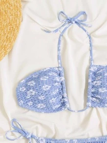 Swim Vcay Bathing Suits Women Summer Beach Ditsy Floral Print Bikini Set Smocked Halter Bra & Thong Bottom 2 Piece Bathing Suit