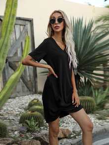 Đầm xoắn lại màu trơn Giải trí - màu đen - Xem 3