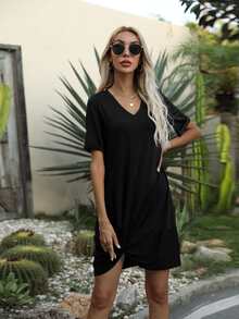 Đầm xoắn lại màu trơn Giải trí - màu đen - Xem 5