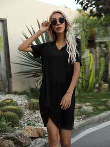 Đầm xoắn lại màu trơn Giải trí - màu đen - Xem 6